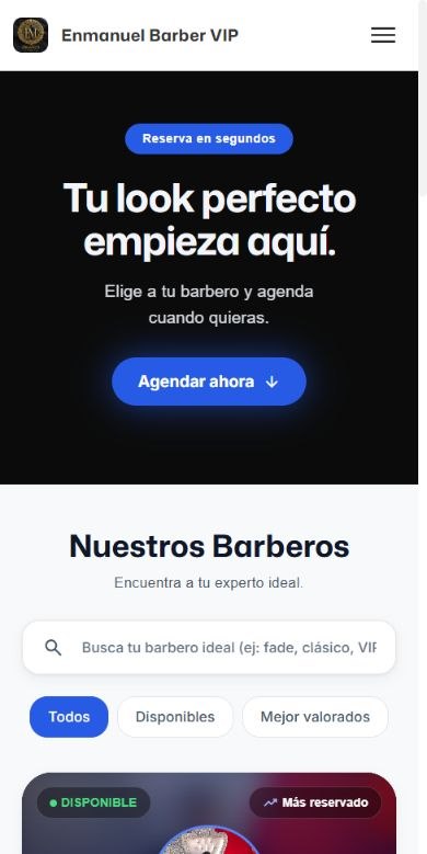 Página real de reservas de Enmanuel Barber VIP, con su marca y sus servicios.