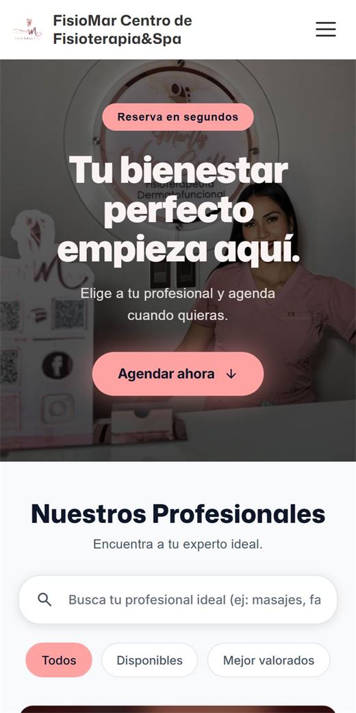 Página de reservas de FisioMar en un celular: foto de la recepción, logo y botones rosados y el mensaje "Tu bienestar perfecto empieza aquí"