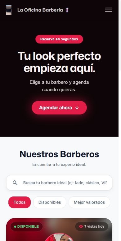 Página real de reservas de La Oficina Barbería, con su marca y sus servicios.