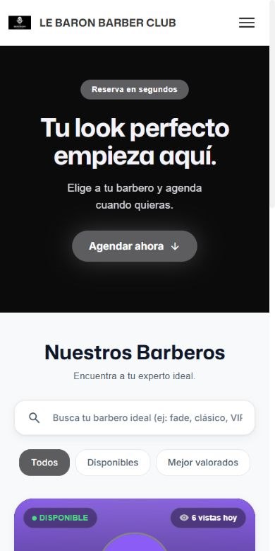 Página real de reservas de Le Baron Barber Club, con su marca y sus servicios.