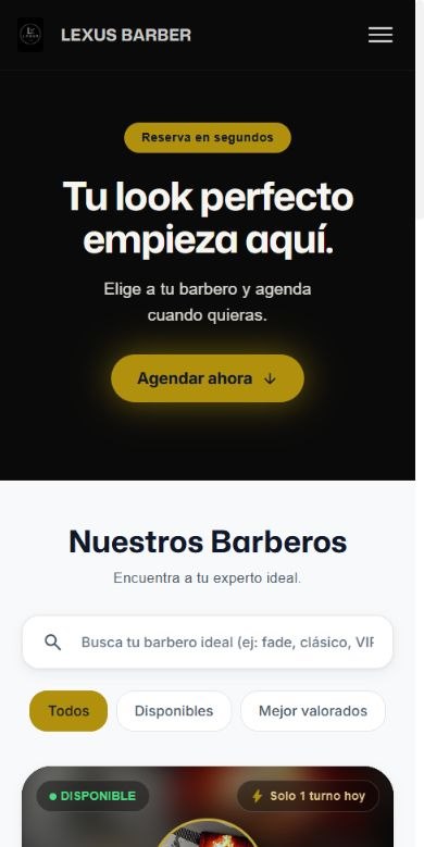 Página real de reservas de Lexus Barber, con su marca y sus servicios.