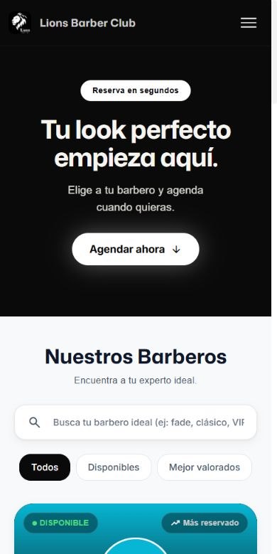Página real de reservas de Lions Barber Club, con su marca y sus servicios.