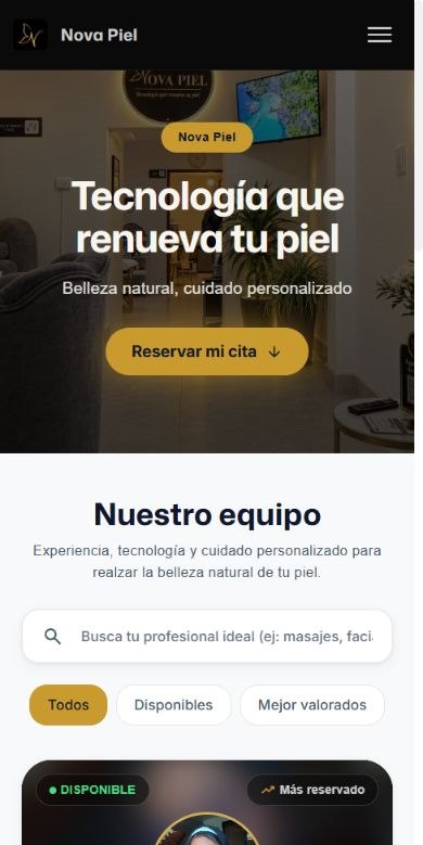 Página real de reservas de Nova Piel, con su marca y sus servicios.