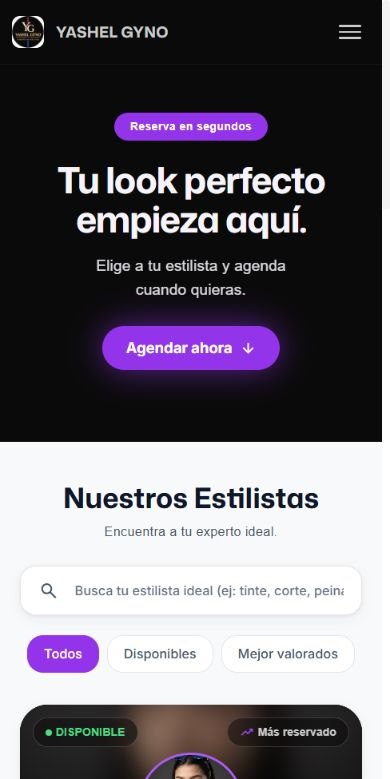 Página real de reservas de Yashel Gyno, con su marca y sus servicios.