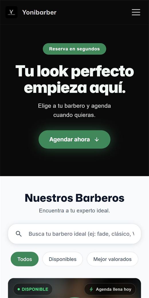 Página de reservas de Yonibarber en un celular: fondo negro, logo y botones verdes y el mensaje "Tu look perfecto empieza aquí"
