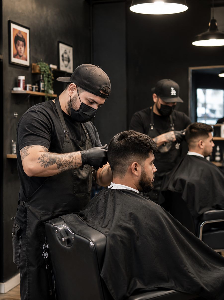 Barbero afeitando la nuca de un cliente en una barbería