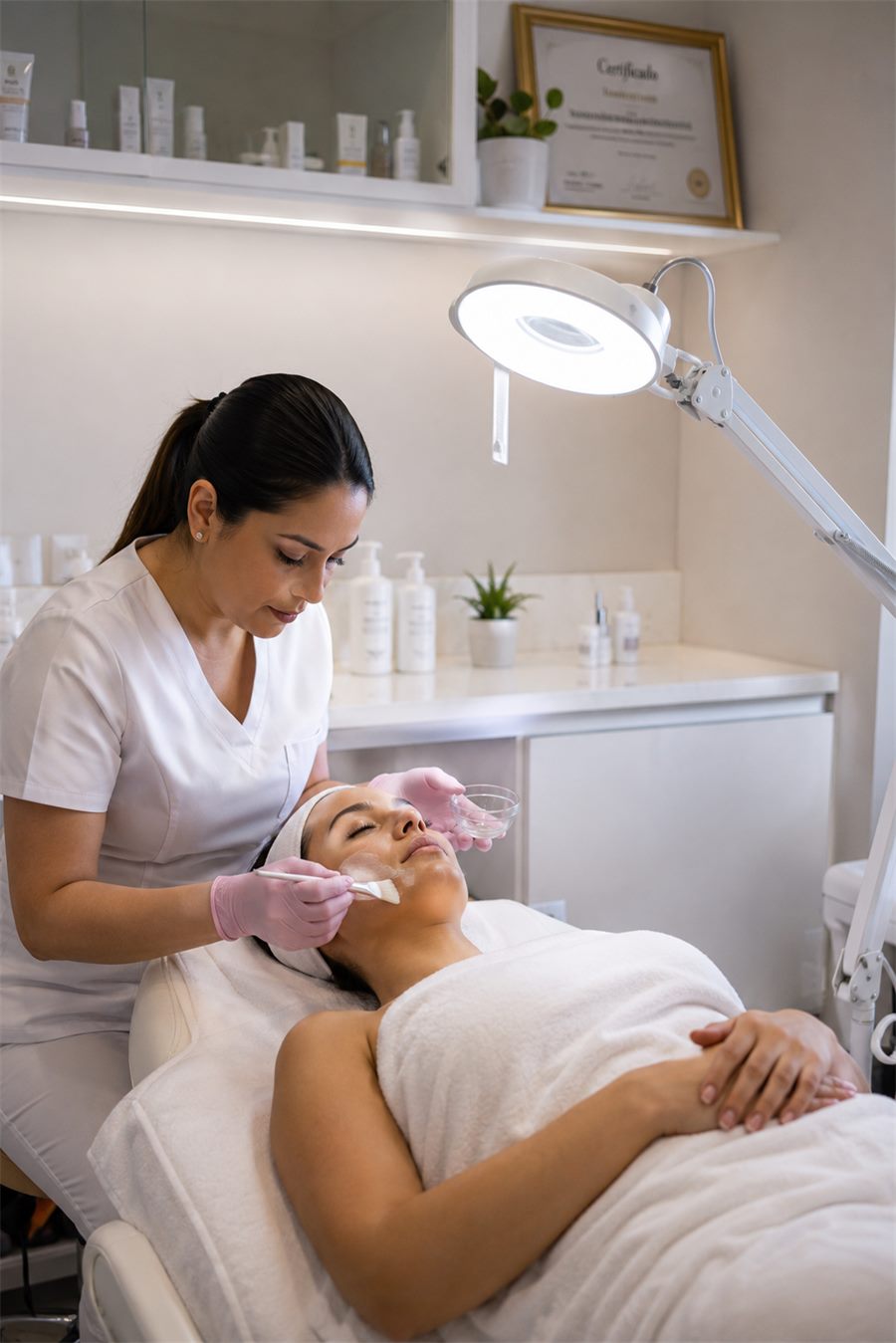 Esteticista aplicando un tratamiento facial a una clienta