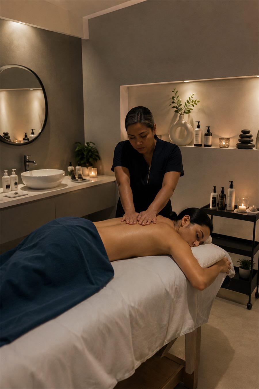 Masajista dando un masaje de espalda en la camilla de un spa