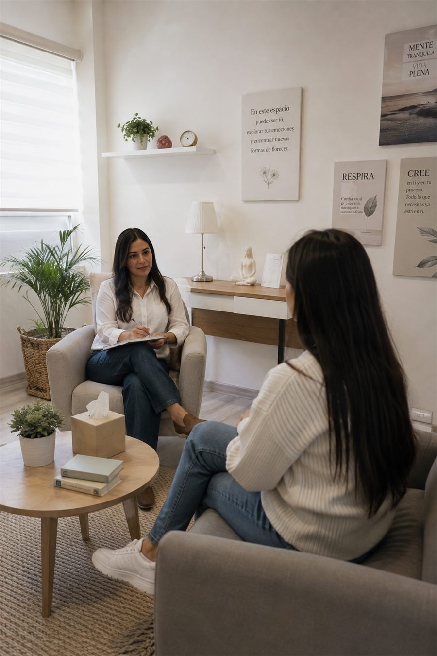 Terapeuta durante una sesión con una paciente en su consultorio